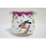 A Dresden porcelain round two-handled jardinière with pink scale border, painted with exotic birds &