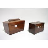 A Victorian rosewood rectangular tea caddy with tapered sides, & fitted glass bowl, 10” wide; & a