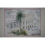 SAWANATEE (?).   A colonial building with palm trees & numerous figures. Signed indistinctly;