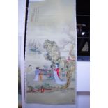 A Chinese scroll painting depicting a river landscape with ladies in a flower garden, 36” x 16”; &