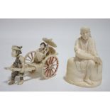 A Japanese carved ivory okimono of a lady holding a parasol, riding in a rickshaw, 3” long; & a