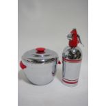 A Sparklets chrome & red soda syphon; & a similar Thermos ice bucket & cover.