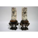 A PAIR OF JAPANESE SHIBAYAMA DECORATED IVORY TUSK VASES, with inlaid decoration of lanterns &