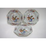 Three 18th century Chinese famille rose porcelain octagonal plates, the centres finely painted