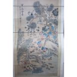 A Chinese scroll painting depicting various exotic birds & domestic fowl amongst trees & rocks;