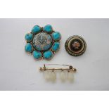 A Chinese silver & enamel circular brooch set border of natural turquoise stones; a circular