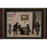 A silhouette picture reverse-painted on glass, depicting 18th century figures in an elegant room