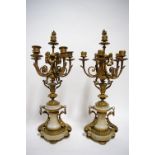 A pair of 19th century gilt-metal & alabaster candelabra, each with five foliate scroll arms &