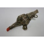 A George IV baby’s rattle & whistle with embossed floral decoration, three pendant bells, & coral