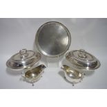 A pair of oval entrée dishes with beaded rims; an engraved circular salver, 11¾" diam.; & a pair