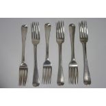 Six early Victorian Old English table forks; London 1839, by Haynes & Cater. (11½oz.)