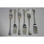 Six Victorian Old English table forks; London 1874, by H. J. Lias & Son. (12oz.)