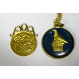 An Edwardian pendant half-sovereign, 1905, with soldered suspension loop; & a pendant enamelled