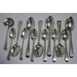 Six George III Old English table spoons; six matching dessert spoons; & a matching sauce ladle