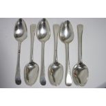 Three George III Old English table spoons, London 1784, by R. C.; & three ditto, London 1801, by