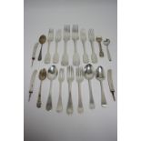 Three Victorian Fiddle pattern dessert forks, London 1854 by Geo. Adams; another, Exeter 1865 by