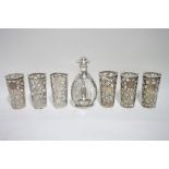 A Haig’s “Dimple” whiskey decanter, & six glass beakers, all with Mexican Sterling engraved mounts