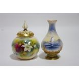 A Royal Worcester porcelain 4¼” baluster vase painted with a yacht in coastal waters by Raymond