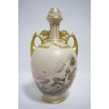 A ROYAL WORCESTER PORCELAIN LARGE TWO-HANDLED OVOID VASE in the Persian style, with narrow-pierced