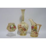 A Royal Worcester porcelain ovoid vase with tall narrow neck, blush-ivory ground with coloured