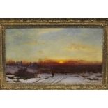 ENGLISH SCHOOL, early 20th century. Figures walking in a snow-covered landscape at sunset.  Signed