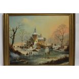 DUTCH SCHOOL A frozen river scene with spired building, numerous figures, animals, etc.  Oil on