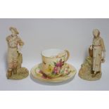 A Royal Worcester porcelain blush-ivory ground moustache cup & saucer with floral decoration, date