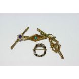 A 9k circular open brooch set alternating sapphires & small diamonds; three various 9ct gold gem-set