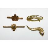 A 15 ct gold & enamel regimental bar brooch; a 9ct. gold Royal Navy Transport bar brooch; a modern