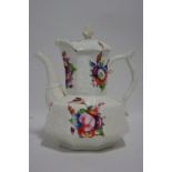 An early 19th century Coalport porcelain coffee pot of octagonal baluster form, painted with