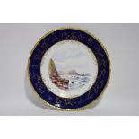 A Royal Crown Derby porcelain cabinet plate with gilt gadrooned rim, deep blue gilt decorated