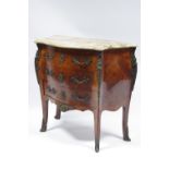 A LOUIS XV  STYLE KINGWOOD & FLORAL MARQUETRY COMMODE of bombé shape, with marble top, fitted