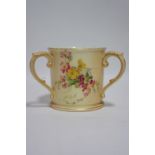 A Royal Worcester porcelain cylindrical tyg of blush-ivory ground, decorated with coloured floral