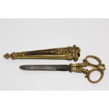 A pair of Victorian steel & gilt-brass scissors, 7” long, in morocco sheath with gilt-brass mounts.