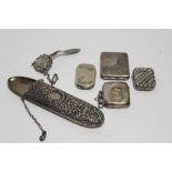 An embossed oblong scissors sheath with belt clasp & chain; an Edwardian vesta case with striking