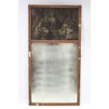 A 19th century rectangular wall mirror in narrow gesso frame, the upper portion with grisaille oil