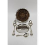 A Victorian engraved Fiddle pattern caddy spoon with shaped oval bowl, London 1843, by Geo. Unite; a