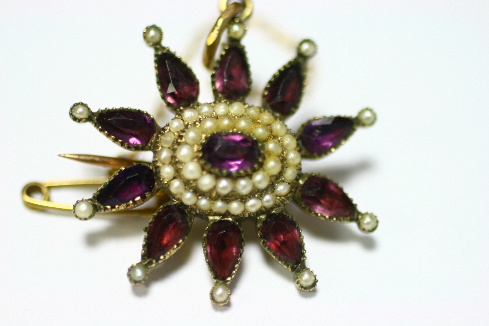 A Victorian oval flower-head brooch/pendant set amethysts & seed pearls; a pair of 9ct gold square- - Image 3 of 6