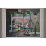 JONES, Deborah.  (1922-2012). A street scene titled: “June’s Fresh Flower Shop”, with a figure in