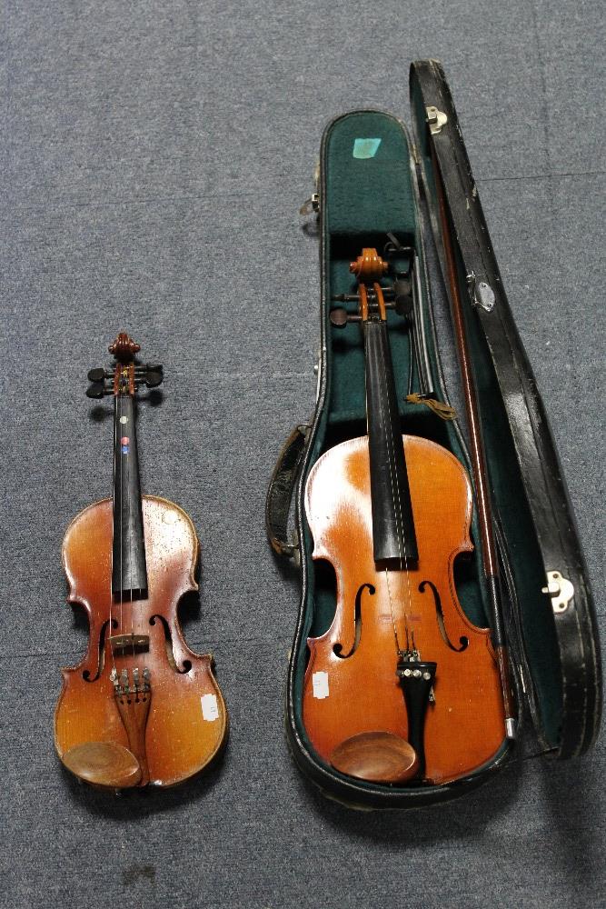 A Duldet five-string banjo, 37" long; together with a standard violin; and a child’s violin. - Image 2 of 2