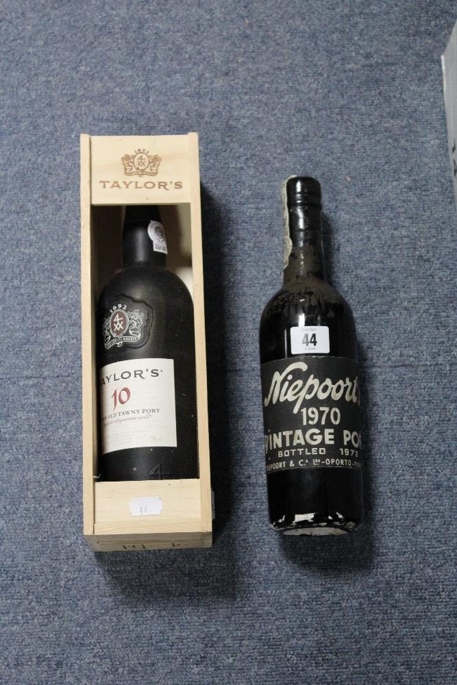 A bottle of Niepoort’s Vintage Port (1970); and a bottle of Taylor’s 10 Year Old Tawny Port (