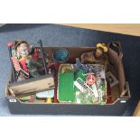 A tinplate & plastic clockwork-operated woodpecker toy; a toy clown; various die-cast scale