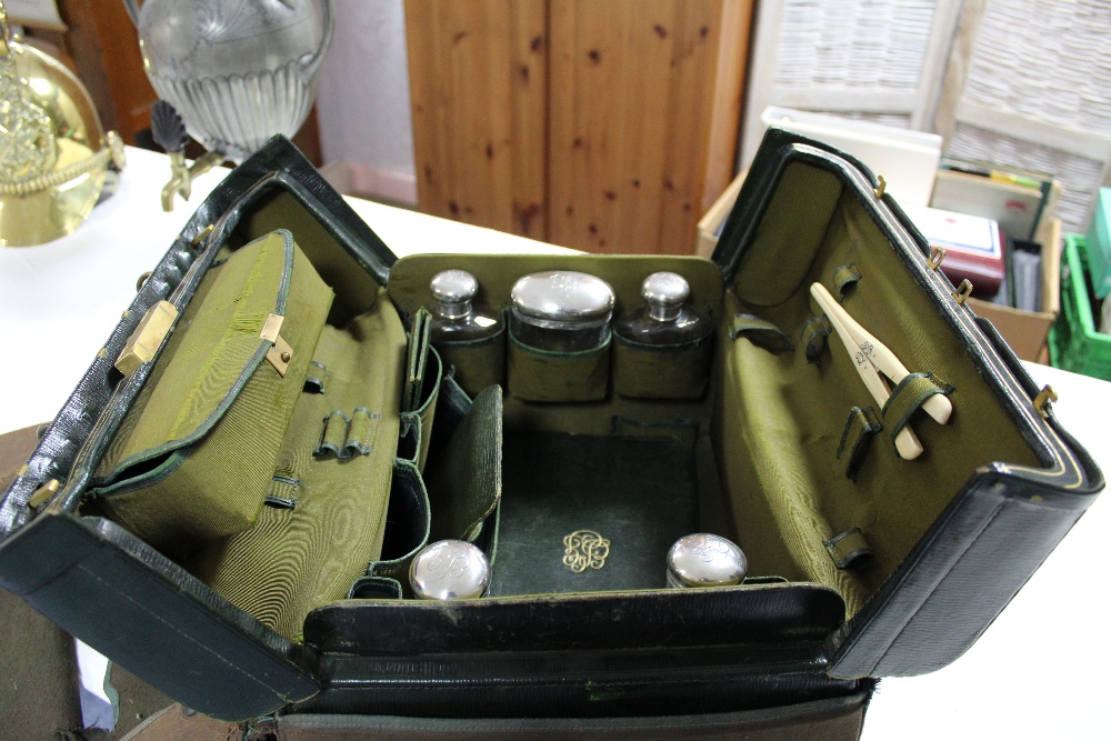 A late 19th/early 20th century dark green morocco leather travelling vanity case, part fitted with - Image 4 of 4