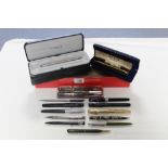 Two Solden Platignum fountain pens; a Sheaffer fountain pen; and various other pens.