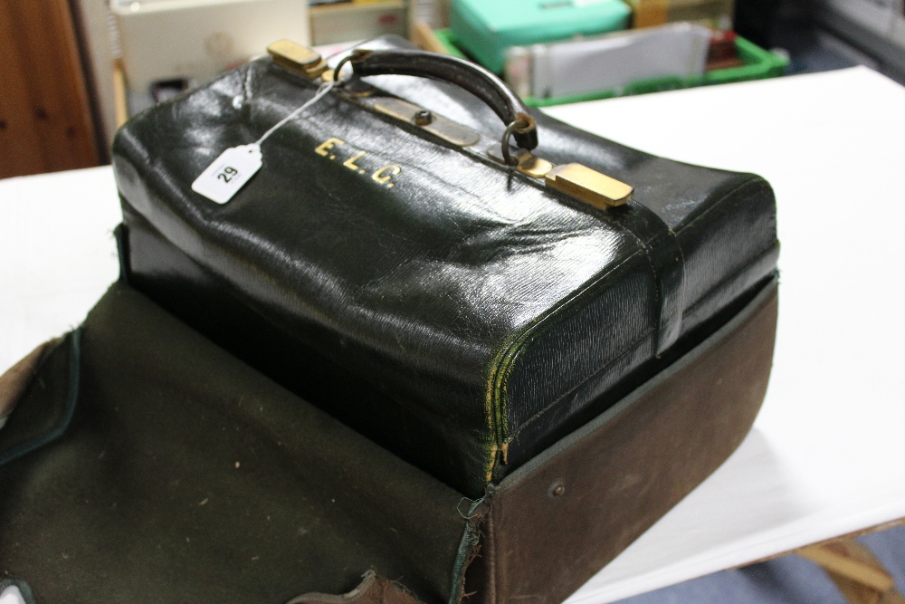 A late 19th/early 20th century dark green morocco leather travelling vanity case, part fitted with - Image 3 of 4
