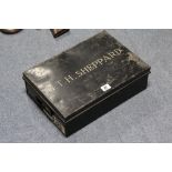 A Japanned-metal document box; various rulers; a cigarette dispenser; a Rabone tape measure, etc.