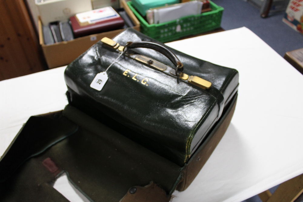 A late 19th/early 20th century dark green morocco leather travelling vanity case, part fitted with - Image 2 of 4