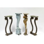 A pair of regency design painted pedestals, each with two tall slender scroll supports & rectangular
