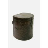 A 19th century half-round hide covered trunk with brass studded decoration, brass hasp with spring