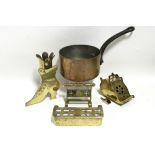 A late 19th/early 20th century brass miniature model of a Victorian fender; a ditto hob stand; a